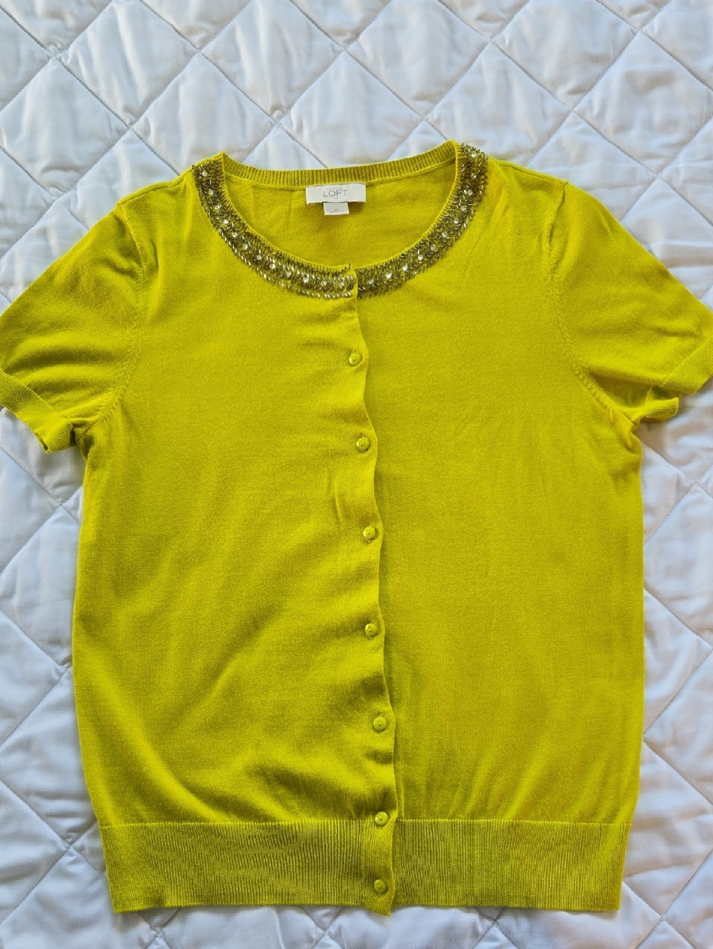 LOFT Beaded Neck Short Sleeve Cardigan - Lime
